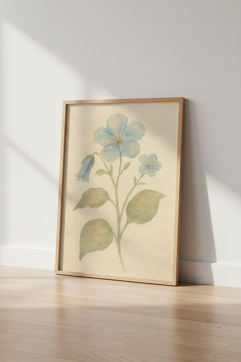 Blue Floral Wall Art | Watercolor Pastels, Living Room Decor | Minimalist Poster