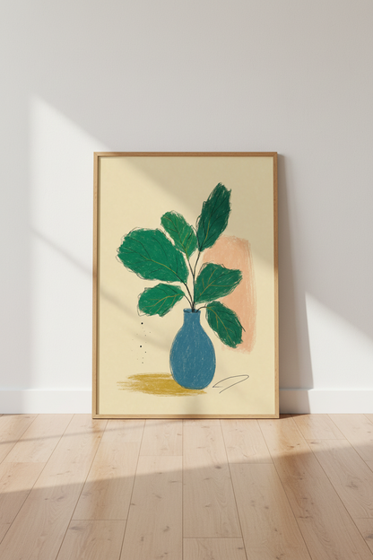 Abstract Botanical Leaves | Blue Vase Minimalist Art, Modern Boho Living Room Decor