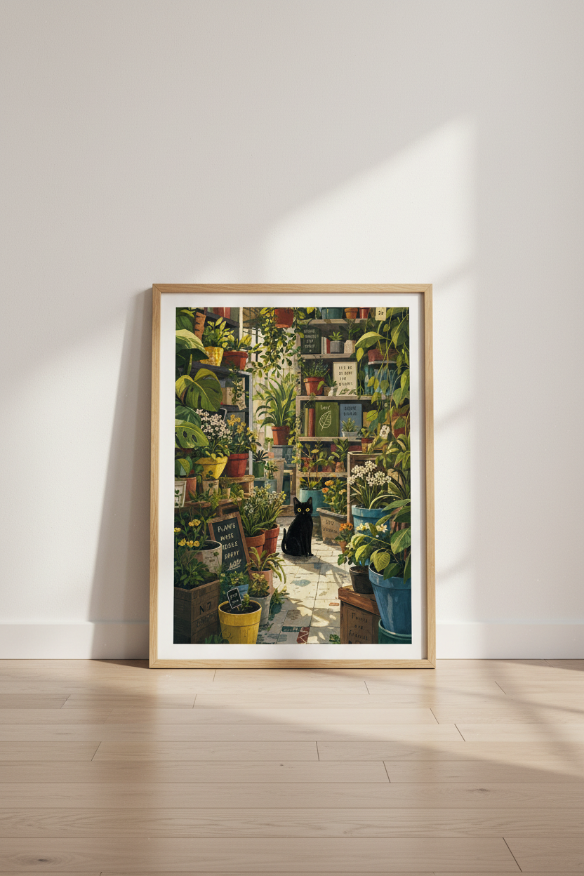 Black Cat in Greenhouse Wall Art | Botanical Garden Decor | Cozy Cottagecore Poster