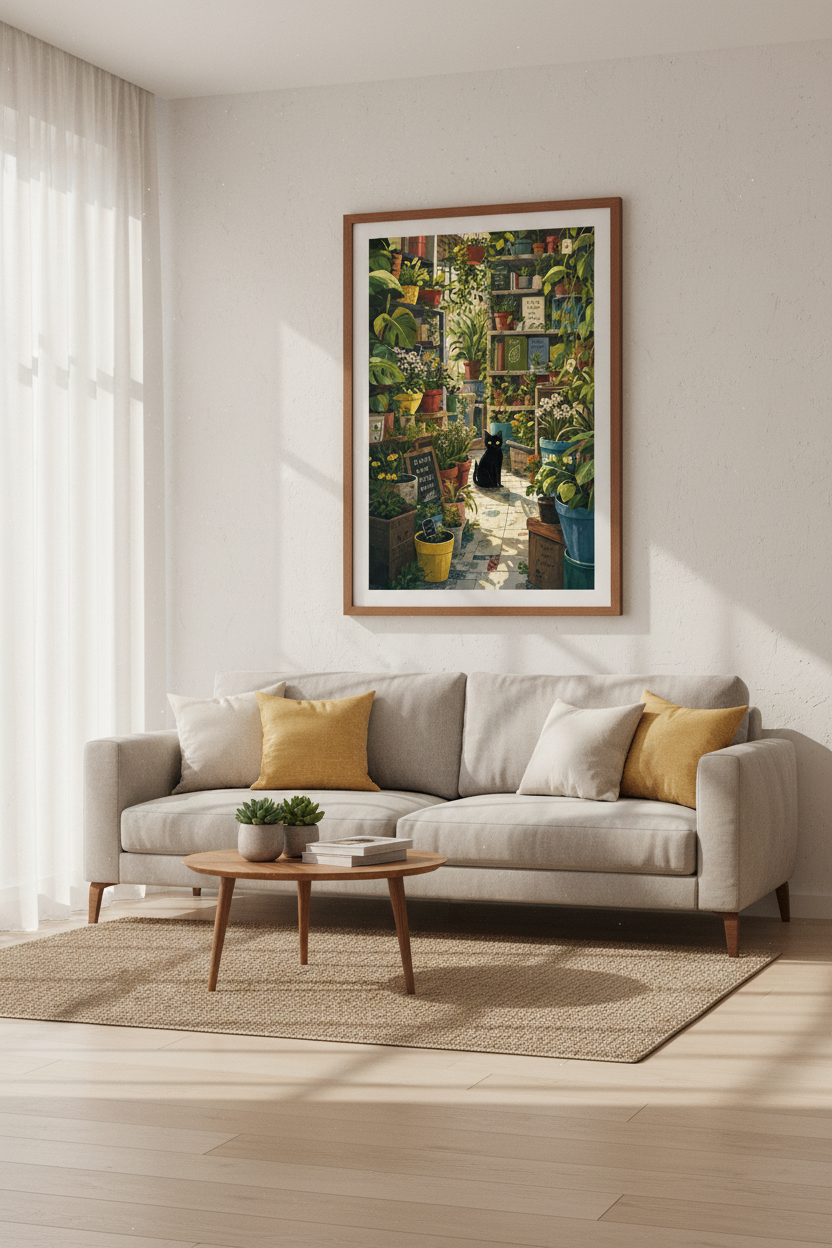 Black Cat in Greenhouse Wall Art | Botanical Garden Decor | Cozy Cottagecore Poster