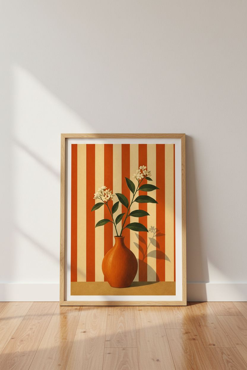 Vintage Floral Vase Wall Art | Orange Striped Boho Print, Mid Century Decor Art