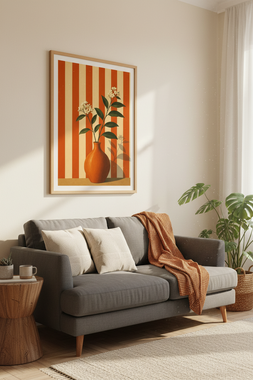 Vintage Floral Vase Wall Art | Orange Striped Boho Print, Mid Century Decor Art