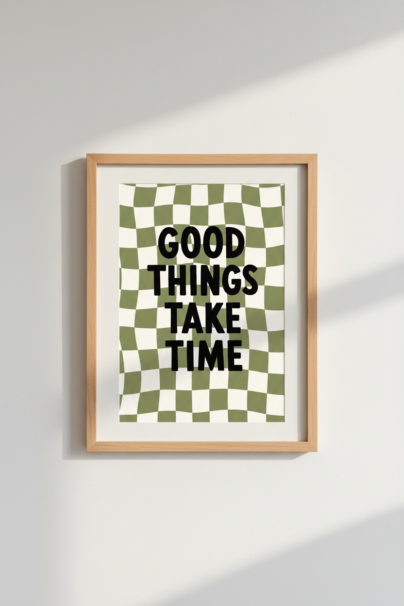 Good Things Take Time Quote | Sage Green Wavy Checkerboard, Retro Office Decor