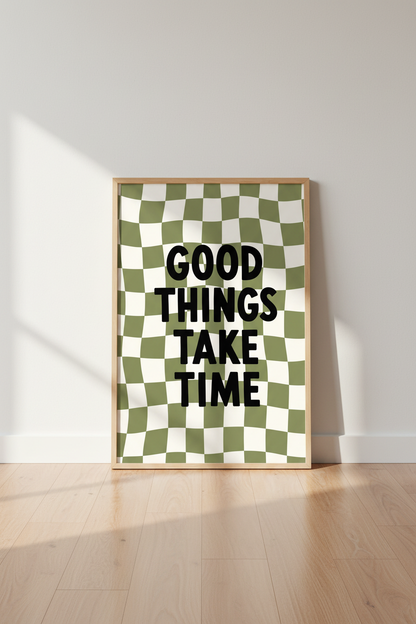 Good Things Take Time Quote | Sage Green Wavy Checkerboard, Retro Office Decor