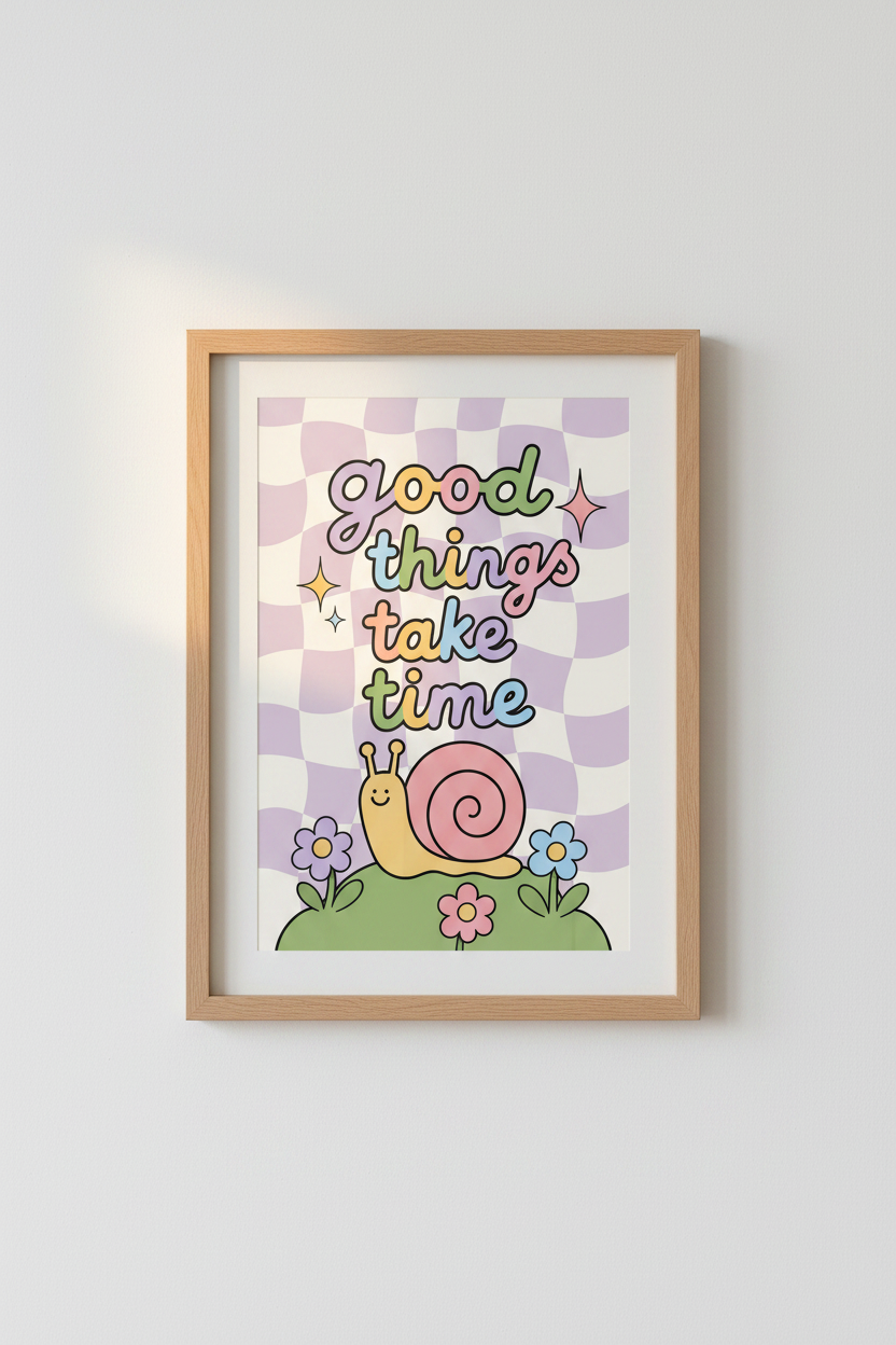 Good Things Take Time Snail Print | Pastel Purple Checkered Wall Art | Groovy Retro Poster