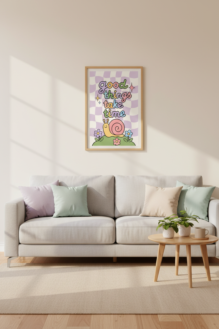 Good Things Take Time Snail Print | Pastel Purple Checkered Wall Art | Groovy Retro Poster