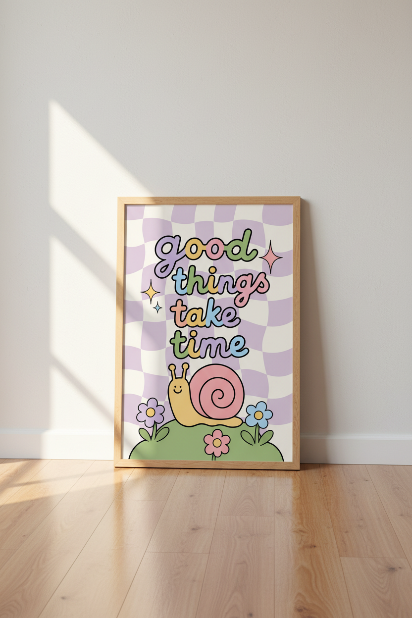 Good Things Take Time Snail Print | Pastel Purple Checkered Wall Art | Groovy Retro Poster