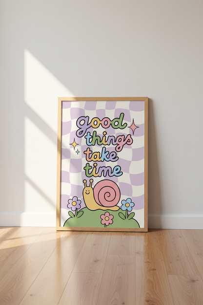 Good Things Take Time Snail Print | Pastel Purple Checkered Wall Art | Groovy Retro Poster