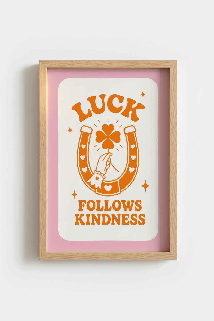 Retro Lucky Wall Art Print | Groovy Kindness Poster, Pink and Orange Dorm Decor