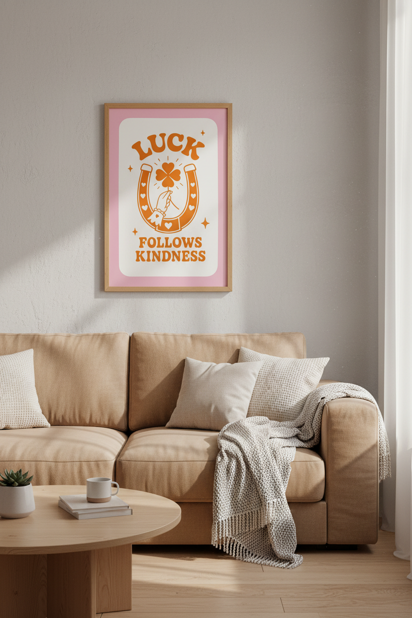 Retro Lucky Wall Art Print | Groovy Kindness Poster, Pink and Orange Dorm Decor