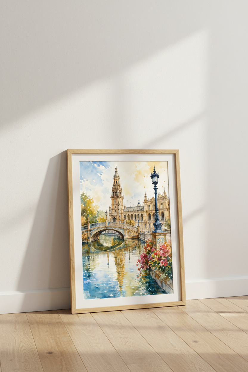 Seville Plaza de Espana Watercolor | Spanish Travel Poster, Europe Wall Art