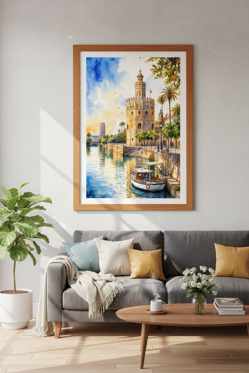 Seville Spain Torre del Oro Watercolor Art | Mediterranean Decor | Spanish Travel Poster
