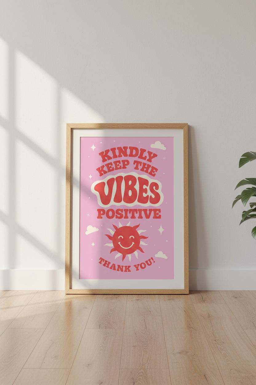 Positive Vibes Quote Wall Art | Retro Pink Aesthetic Poster | Dorm &amp; Office Decor