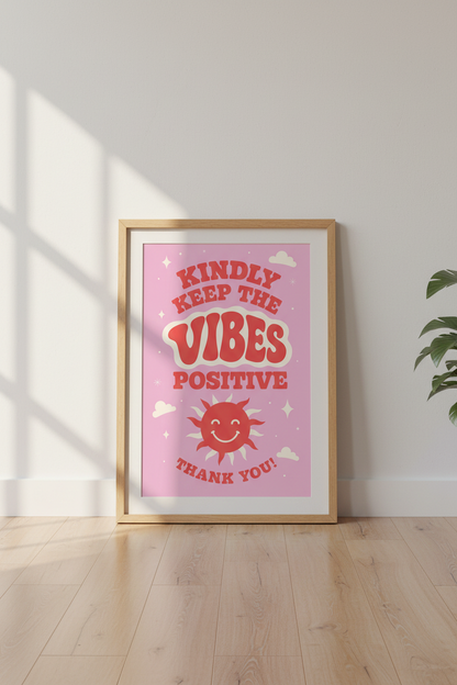 Positive Vibes Quote Wall Art | Retro Pink Aesthetic Poster | Dorm &amp; Office Decor