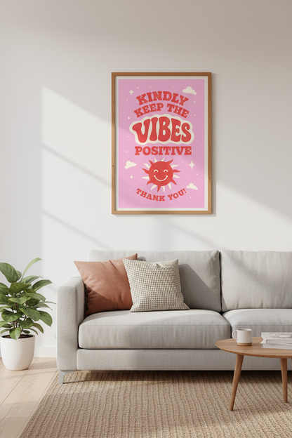 Positive Vibes Quote Wall Art | Retro Pink Aesthetic Poster | Dorm &amp; Office Decor