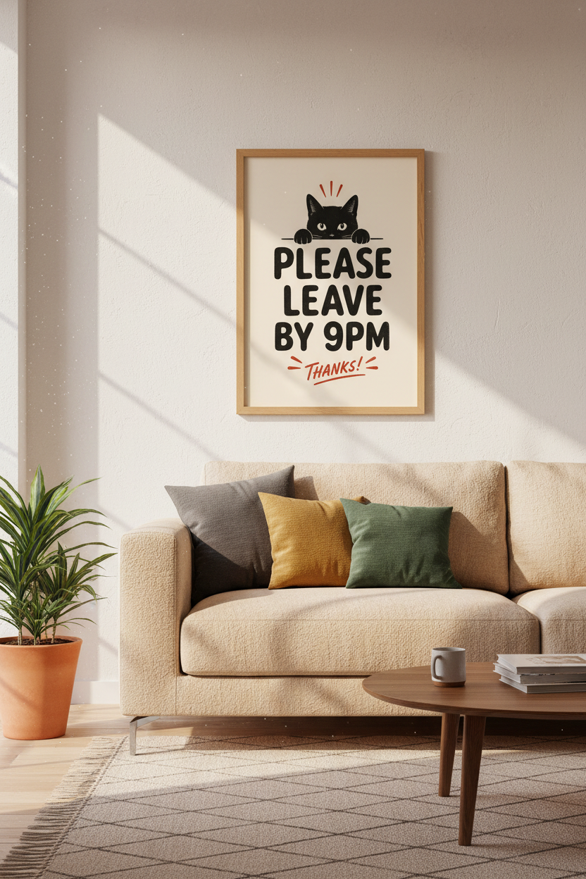 Funny Black Cat Please Leave by 9PM Wall Art | Retro Introvert Decor | Aesthetic Poster