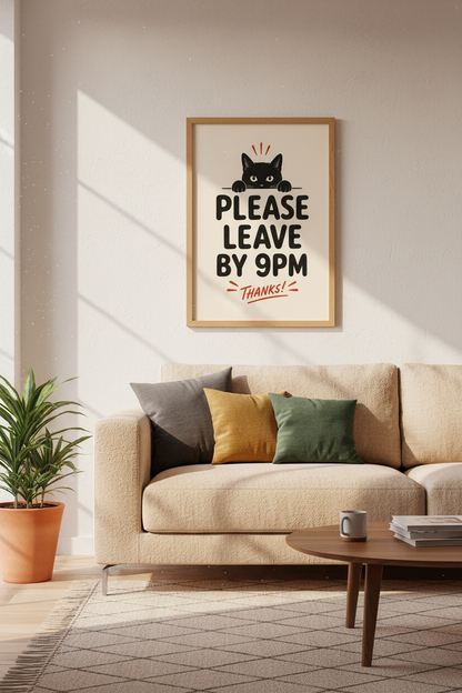 Funny Black Cat Please Leave by 9PM Wall Art | Retro Introvert Decor | Aesthetic Poster