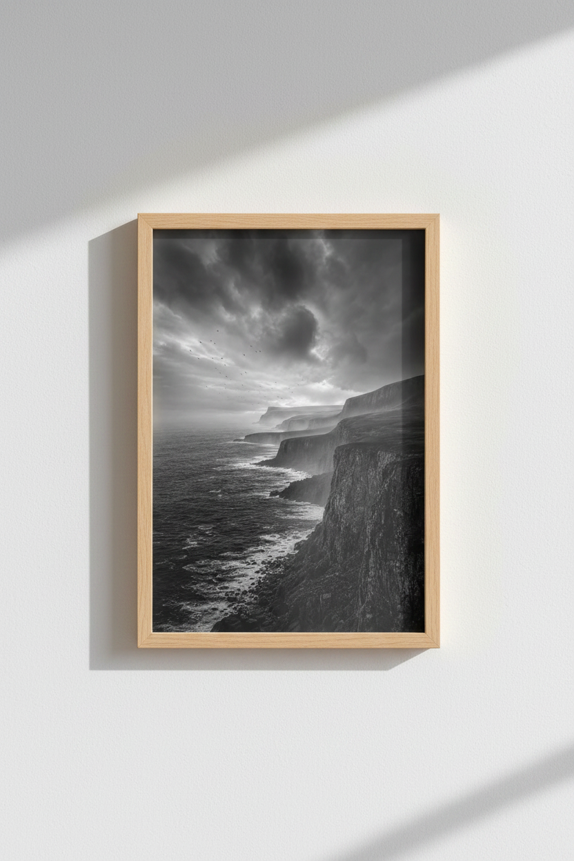 Dark Moody Landscape Print | Black and White Coastal Wall Art, Office Decor Poster
