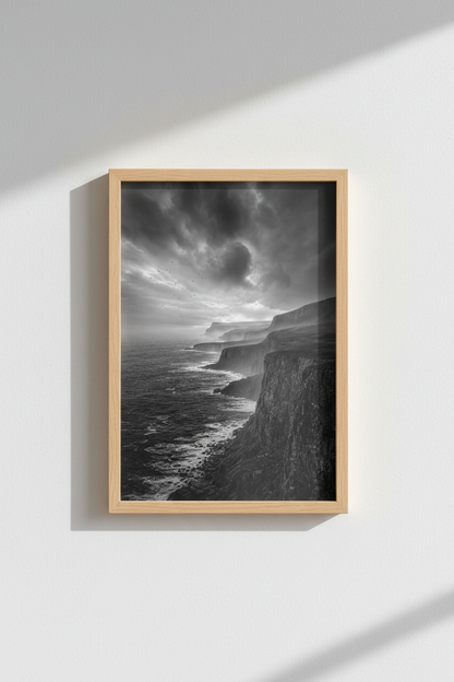 Dark Moody Landscape Print | Black and White Coastal Wall Art, Office Decor Poster