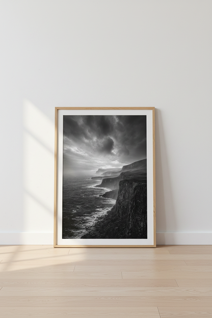Dark Moody Landscape Print | Black and White Coastal Wall Art, Office Decor Poster