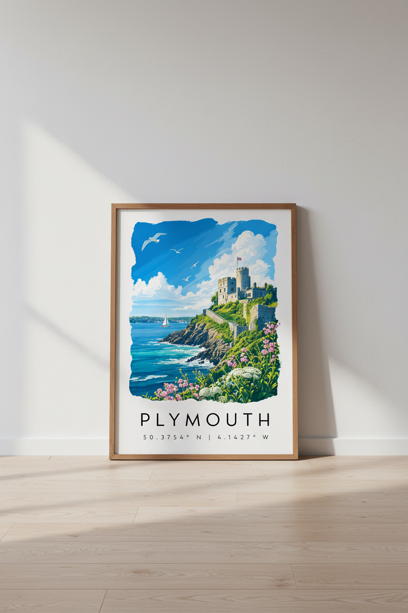 Plymouth England Travel Poster | Coastal Castle Wall Art | British Seaside Decor