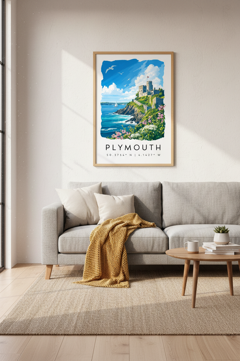 Plymouth England Travel Poster | Coastal Castle Wall Art | British Seaside Decor