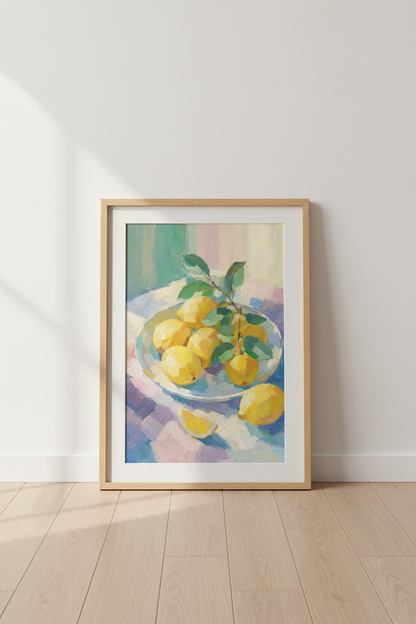 Lemon Still Life Art Print | Kitchen Wall Decor | Mediterranean Oil Painting Poster