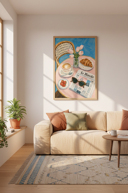 Parisian Cafe Still Life | Pink &amp; Blue French Art, Coffee &amp; Breakfast Kitchen Wall Decor