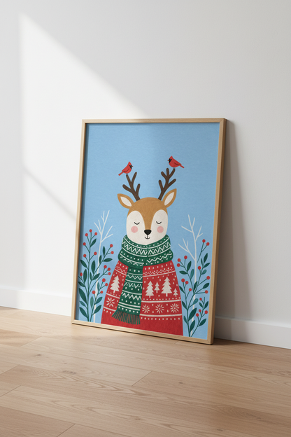 Whimsical Reindeer Wall Art | Cozy Winter Deer Poster, Nursery Holiday Decor
