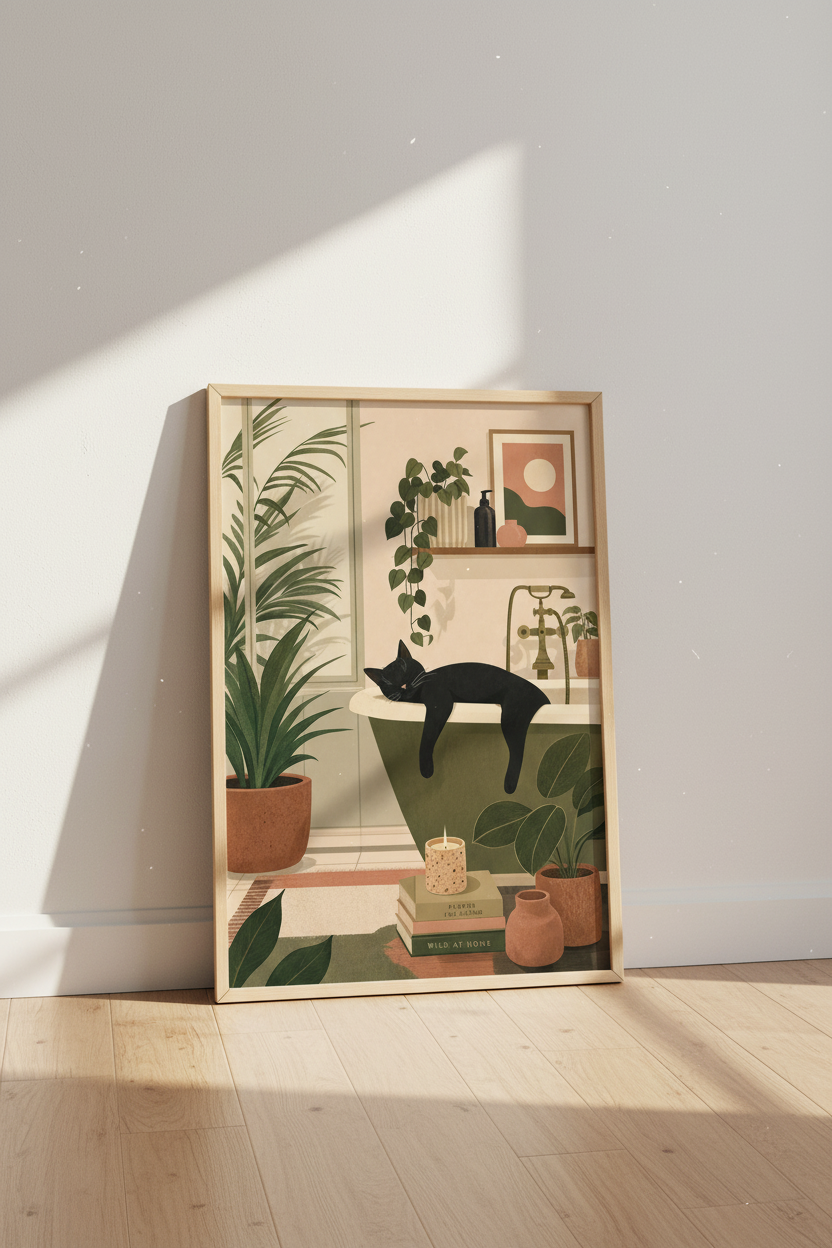 Black Cat in Bathtub Art | Boho Botanical Print, Bathroom Decor Poster