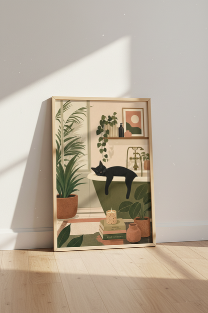Black Cat in Bathtub Art | Boho Botanical Print, Bathroom Decor Poster