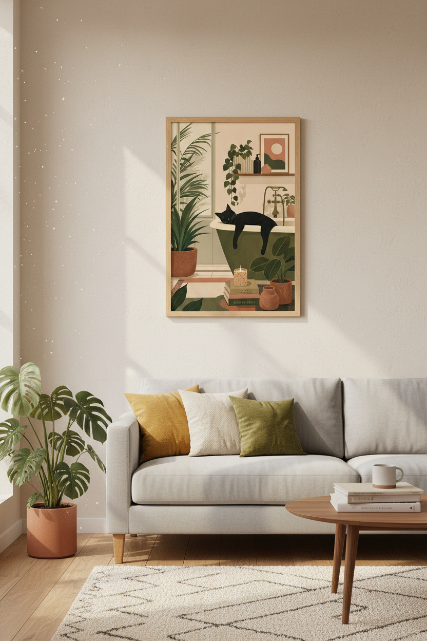 Black Cat in Bathtub Art | Boho Botanical Print, Bathroom Decor Poster