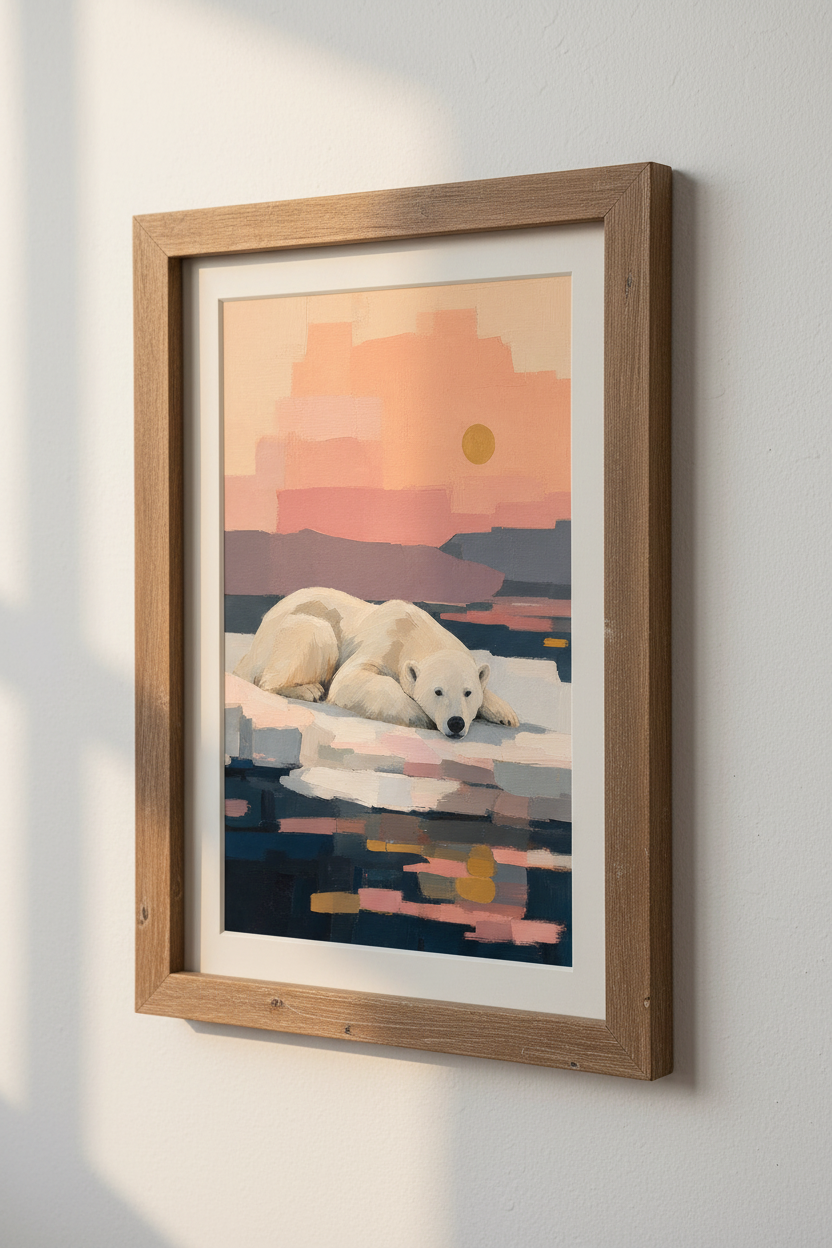 Polar Bear Oil Painting | Pastel Sunset Arctic Decor, Nursery Wall Art Poster