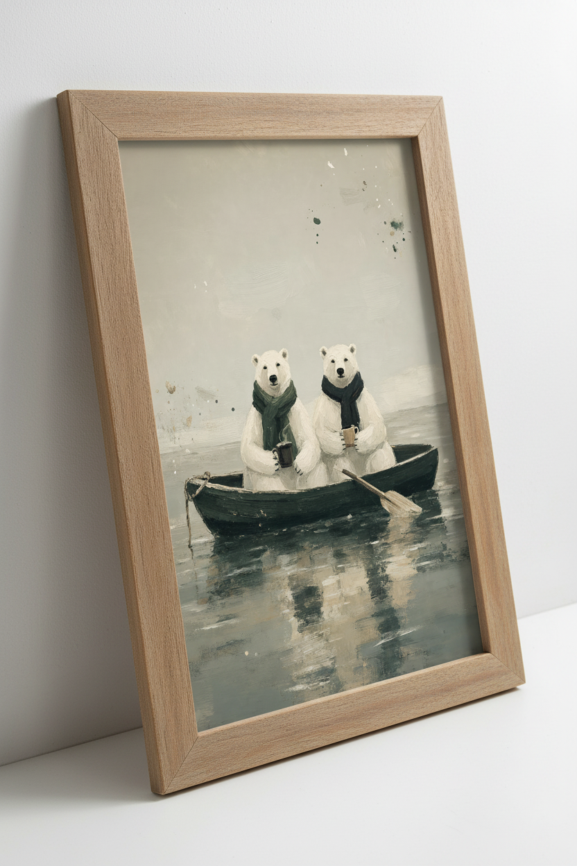Polar Bears in Boat | Whimsical Oil Painting Poster, Cozy Coffee Wall Art