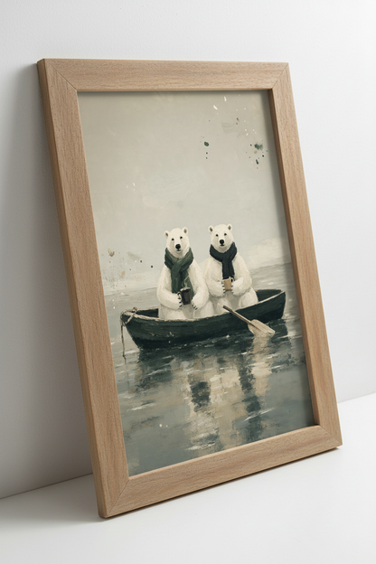 Polar Bears in Boat | Whimsical Oil Painting Poster, Cozy Coffee Wall Art
