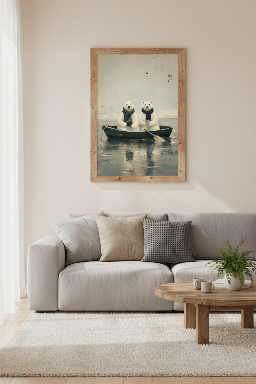Polar Bears in Boat | Whimsical Oil Painting Poster, Cozy Coffee Wall Art