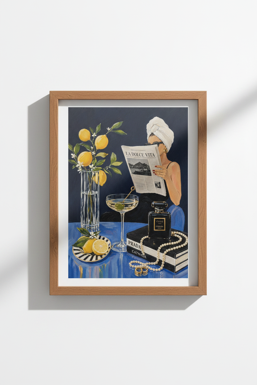 Preppy Wall Art Print | Italian Chic Lemons &amp; Martini Poster | Blue Aesthetic Decor