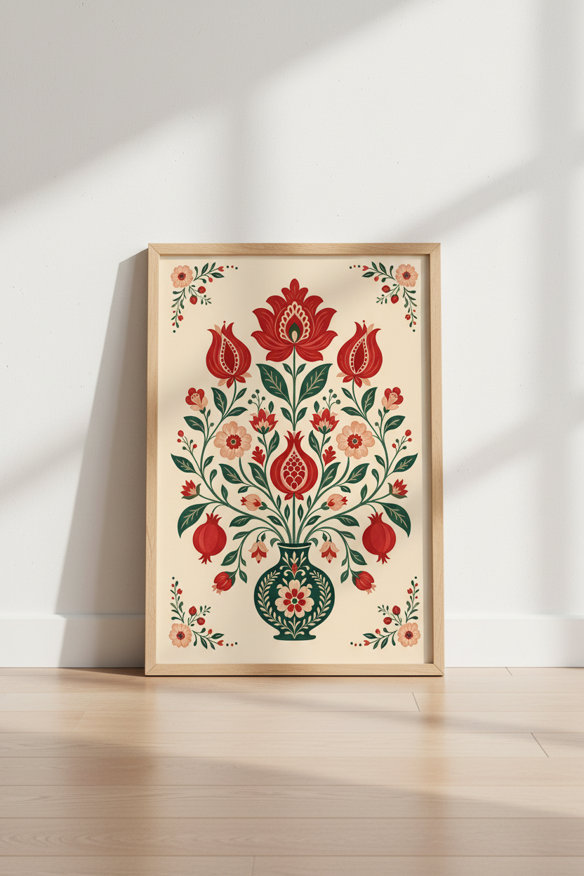 Folk Floral Pomegranate Wall Art | Living Room Decor | Heritage Style Poster