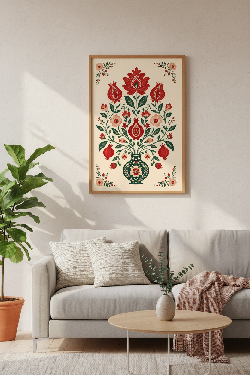Folk Floral Pomegranate Wall Art | Living Room Decor | Heritage Style Poster