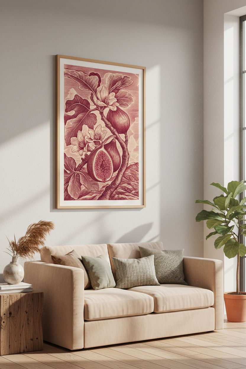 Fig Botanical Wall Art Print | Vintage Red Engraving, Kitchen Dining Decor