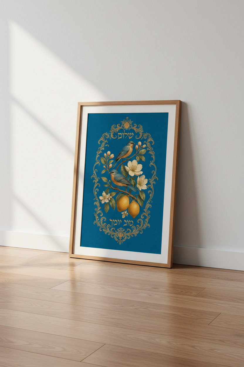 Shalom Hebrew Bird Wall Art Print | Jewish Home Decor | Vintage Botanical Poster