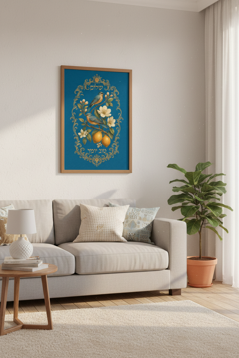 Shalom Hebrew Bird Wall Art Print | Jewish Home Decor | Vintage Botanical Poster