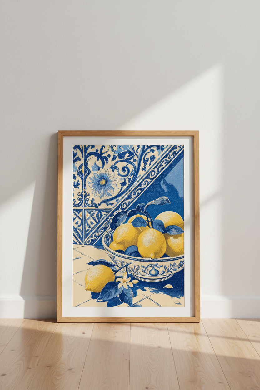 Blue Lemons Tile Wall Art Print | Mediterranean Kitchen Decor | Amalfi Coast Poster
