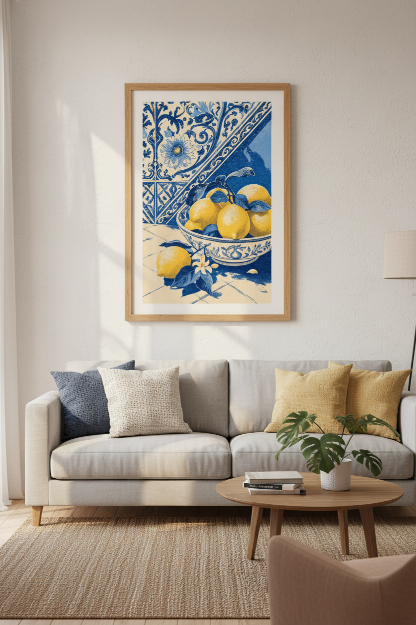 Blue Lemons Tile Wall Art Print | Mediterranean Kitchen Decor | Amalfi Coast Poster