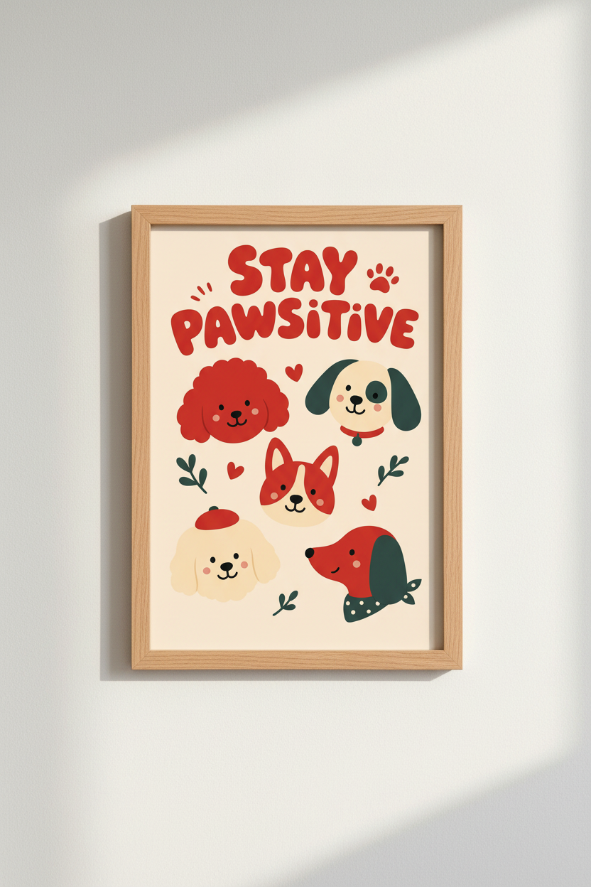 Dog Lover Art Print | Stay Pawsitive Red &amp; Cream Retro Poster, Nursery &amp; Home Decor
