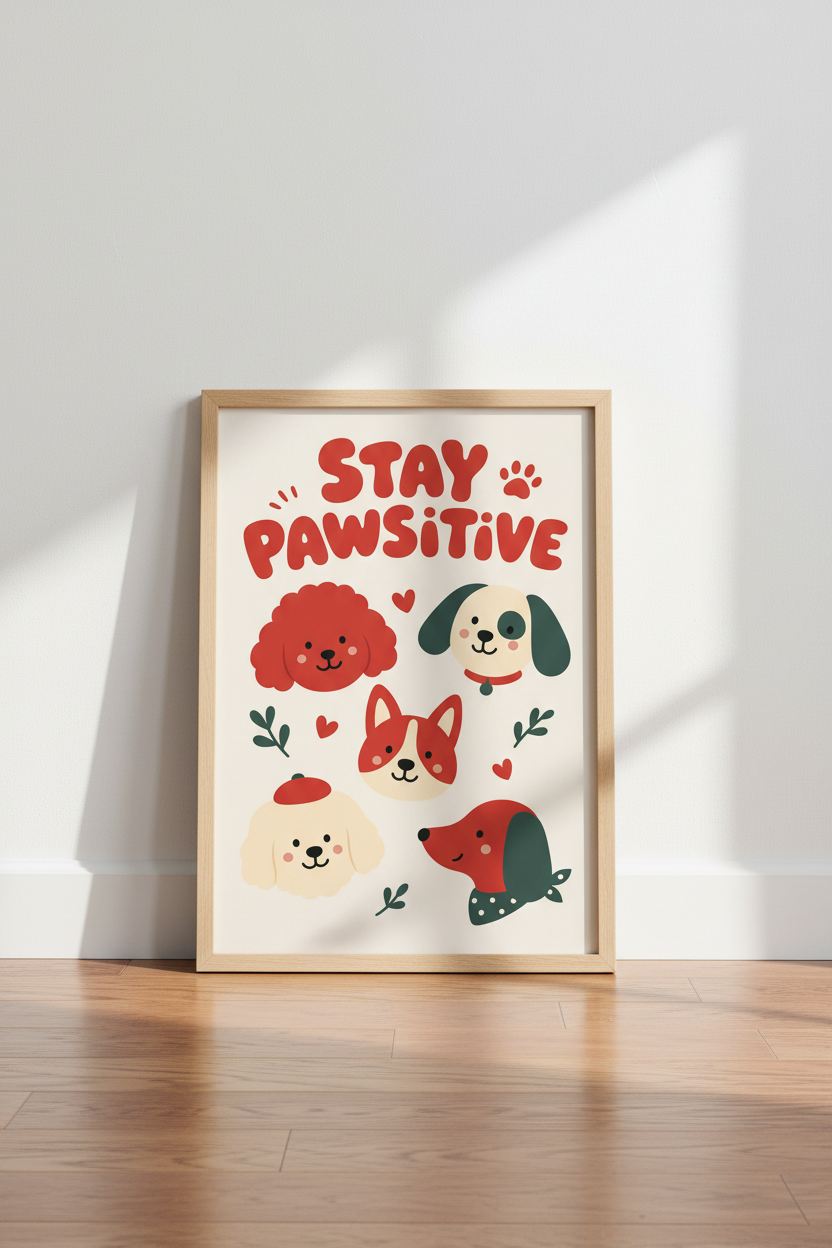 Dog Lover Art Print | Stay Pawsitive Red &amp; Cream Retro Poster, Nursery &amp; Home Decor