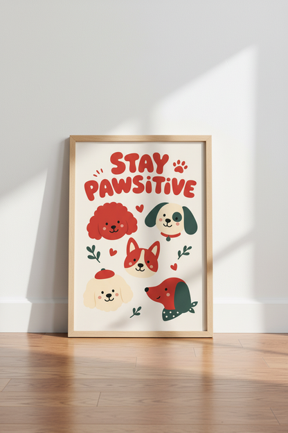 Dog Lover Art Print | Stay Pawsitive Red &amp; Cream Retro Poster, Nursery &amp; Home Decor