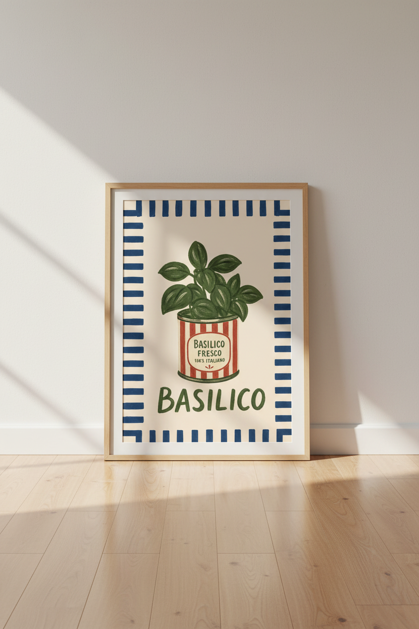 Vintage Basil Poster | Rustic Green Herb Plant Wall Art | Kitchen Decor