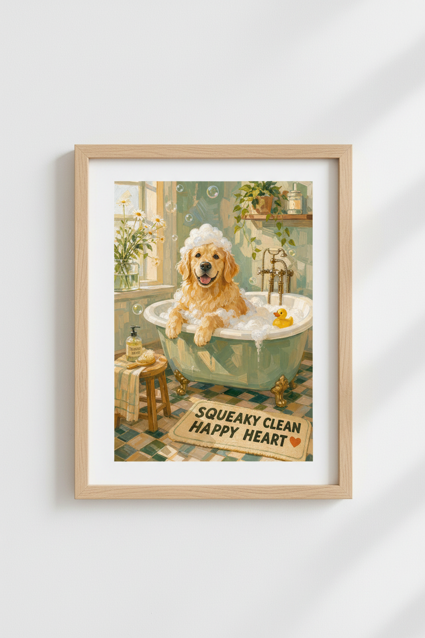 Golden Retriever Bath Wall Art Print | Funny Bathroom Decor | Sage Green Poster