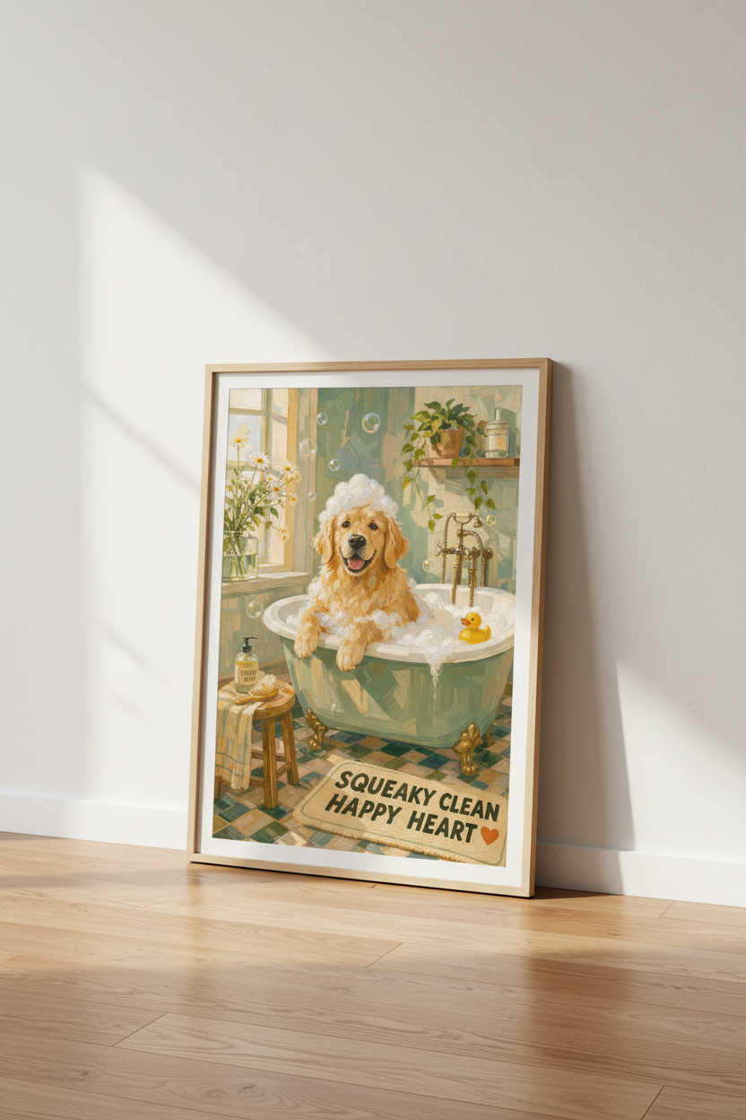 Golden Retriever Bath Wall Art Print | Funny Bathroom Decor | Sage Green Poster